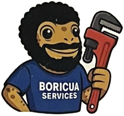 Boricua Services coquí frog mascot holding a red pipe wrench